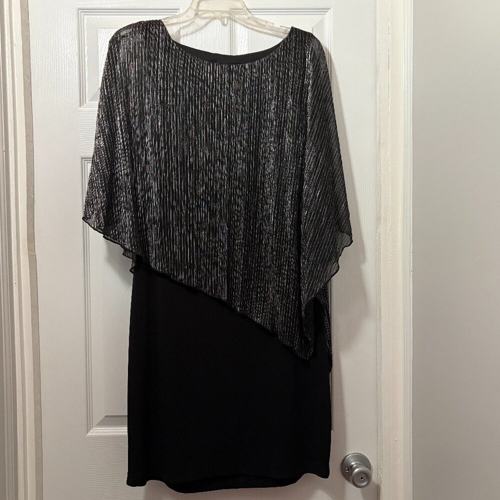 Connected Women's Black Metallic Cape-Overlay Sheath Cocktail Dress. Size 10